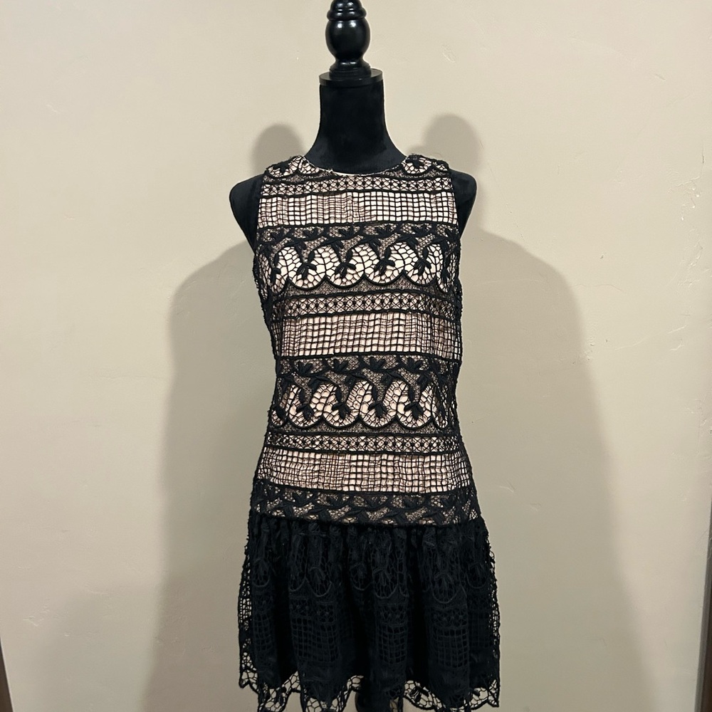 Alice + Olivia Black Crochet Mini Dress with Nude Lining
